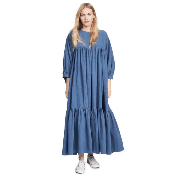 L.F. Markey Kelvin Maxi Dress Denim Blue‎ Linen Tent Trapeze One Size - Picture 1 of 12